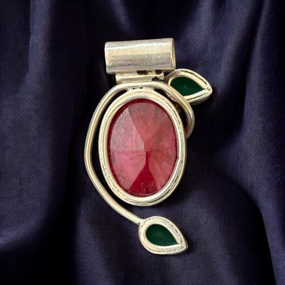 VTG Artisan Crafted Ruby Emerald Sterling Silver Statement Pendant Stamped 925 - Picture 5 of 8